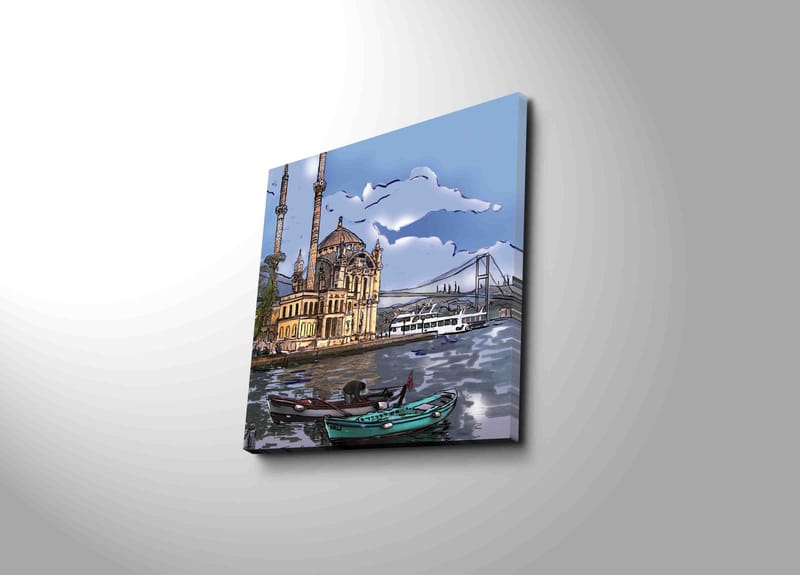 Lærredstryk 45x45 cm - Smuk udsigt over en historisk moské ved vandet med både i forgrunden - Blå / Beige / Grøn - Boligtilbehør - Billeder & kunst - Billeder på lærred