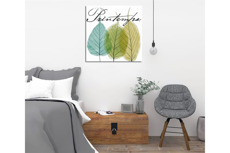 Lærredstryk 45x45 cm - Smukke blade i forskellige grønne nuancer, Grøn / Lyseblå / Gulgrøn