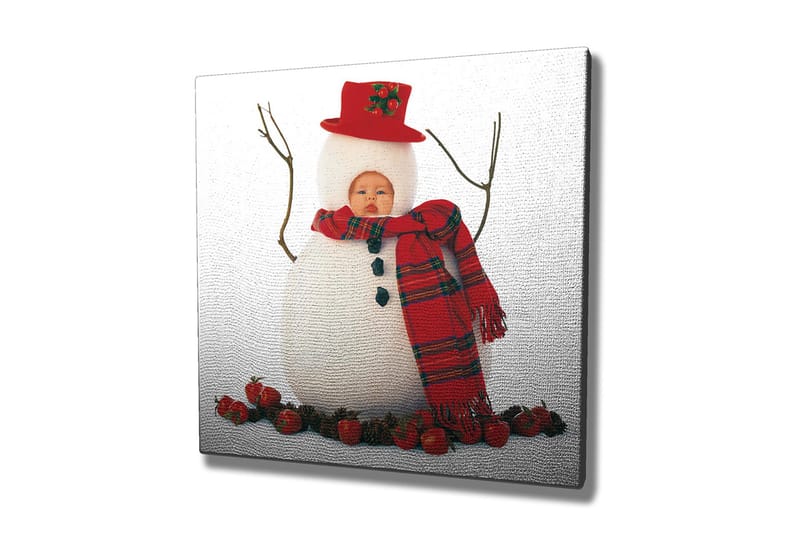 Lærredstryk 45x45 cm - Snemand med rød hue og tørklæde, omgivet af nisser - Hvid / Rød / Sort - Boligtilbehør - Billeder & kunst - Billeder på lærred