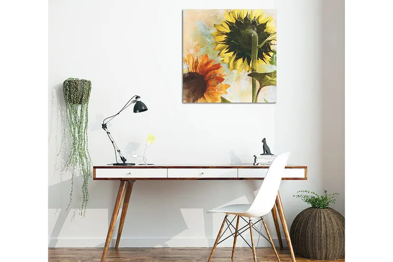 Lærredstryk 45x45 cm - Solsikker i livlige farver - Gul / Orange / Grøn - Boligtilbehør - Billeder & kunst - Billeder på lærred