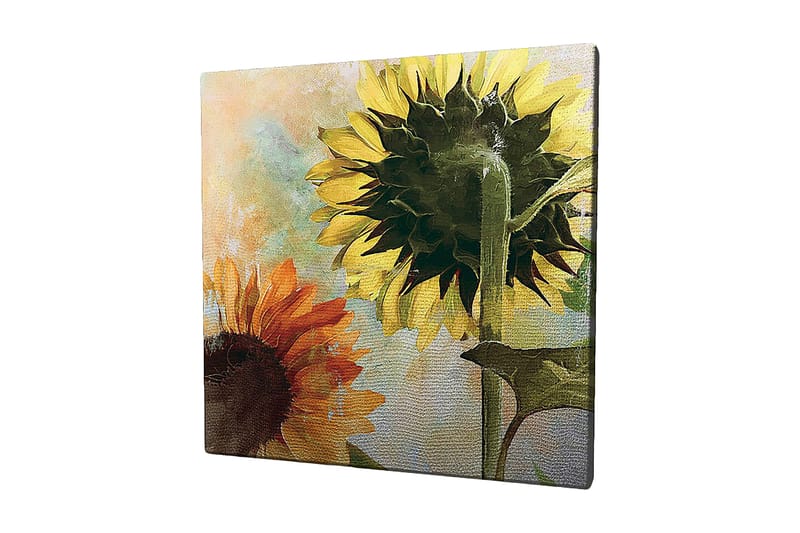 Lærredstryk 45x45 cm - Solsikker i livlige farver, Gul / Orange / Grøn