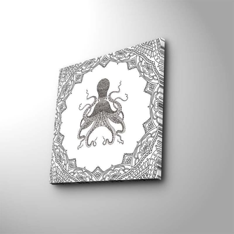 Lærredstryk 45x45 cm - Sort blæktegning af en blæksprutte omgivet af en dekorativ ramme, Sort / Hvid