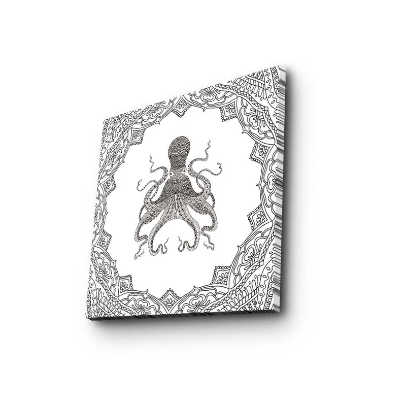 Lærredstryk 45x45 cm - Sort blæktegning af en blæksprutte omgivet af en dekorativ ramme - Sort / Hvid - Boligtilbehør - Billeder & kunst - Billeder på lærred