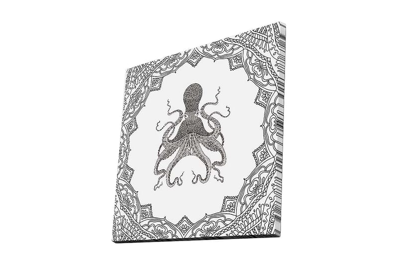 Lærredstryk 45x45 cm - Sort blæktegning af en blæksprutte omgivet af indviklede mønstre, Sort / Hvid