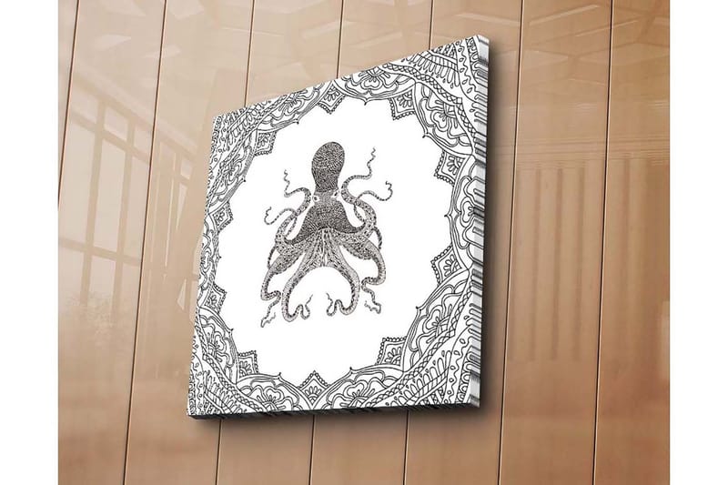 Lærredstryk 45x45 cm - Sort blæktegning af en blæksprutte omgivet af indviklede mønstre - Sort / Hvid - Boligtilbehør - Billeder & kunst - Billeder på lærred