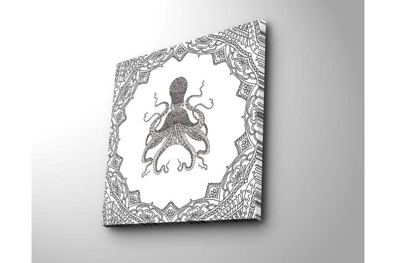 Lærredstryk 45x45 cm - Sort blæktegning af en blæksprutte omgivet af indviklede mønstre - Sort / Hvid - Boligtilbehør - Billeder & kunst - Billeder på lærred