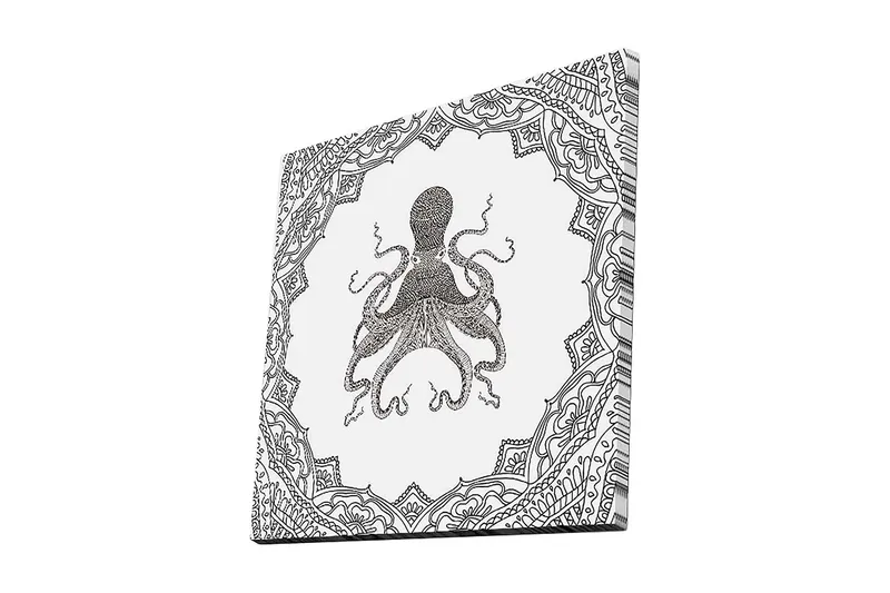 Lærredstryk 45x45 cm - Sort blæktegning af en blæksprutte omgivet af indviklede mønstre, Sort / Hvid