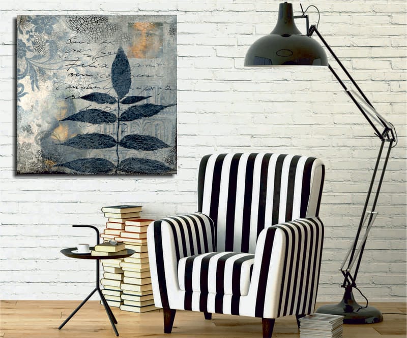 Lærredstryk 45x45 cm - Sort løv mod en abstrakt baggrund, Sort / Grå / Beige