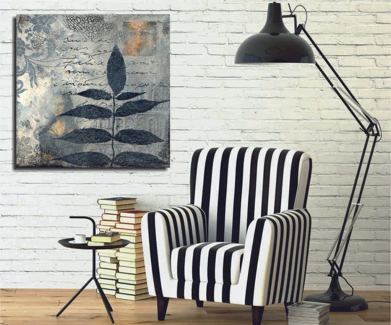 Lærredstryk 45x45 cm - Sort løv mod en abstrakt baggrund, Sort / Grå / Beige
