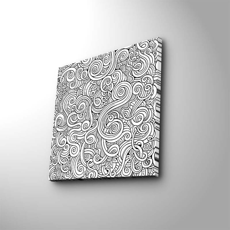 Lærredstryk 45x45 cm - Sort og hvidt mønster med buede linjer og spiraler, Sort / Hvid