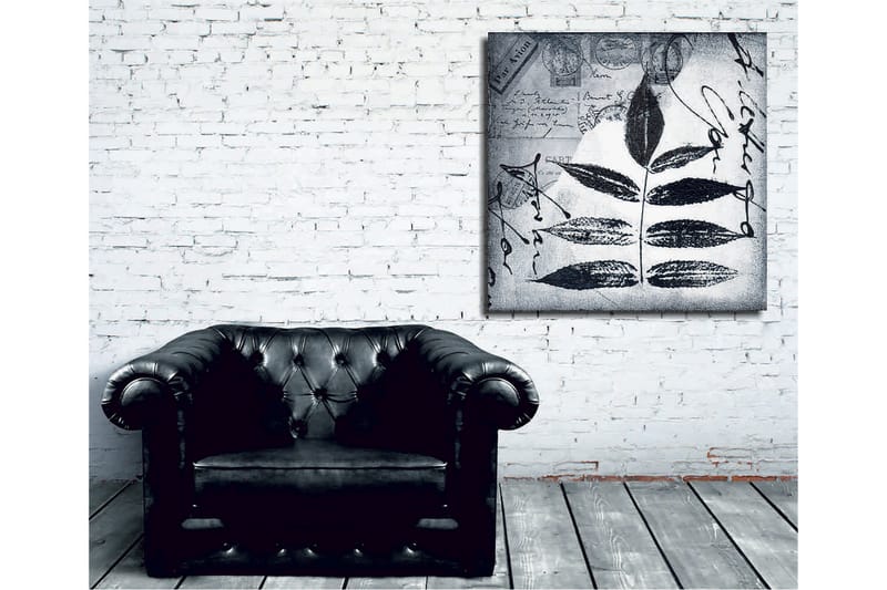 Lærredstryk 45x45 cm - Sort silhuet af blade mod en grå baggrund med håndskrevet tekst og poststempler - Sort / Grå - Boligtilbehør - Billeder & kunst - Billeder på lærred
