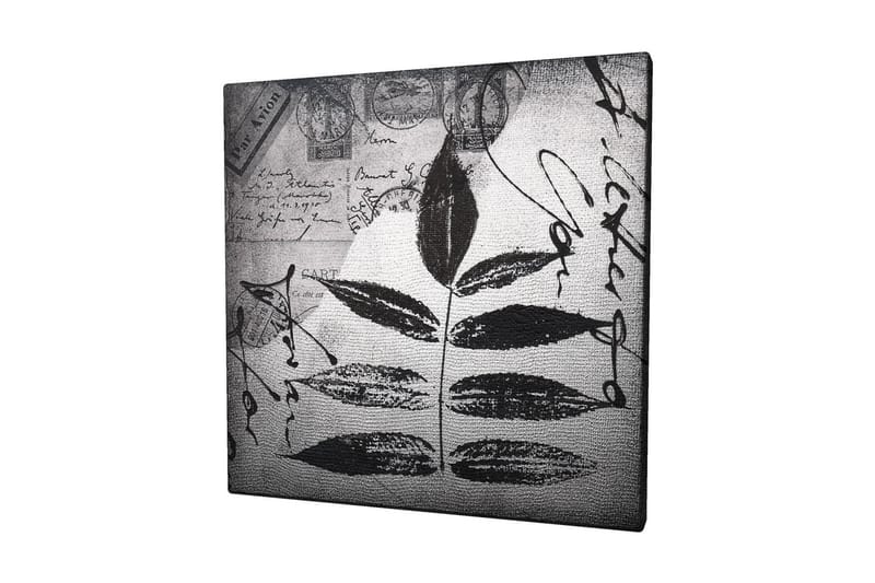 Lærredstryk 45x45 cm - Sort silhuet af blade mod en grå baggrund med håndskrevet tekst og poststempler, Sort / Grå