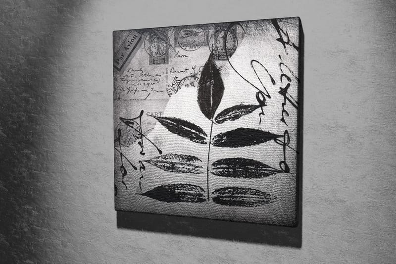 Lærredstryk 45x45 cm - Sort silhuet af blade mod en grå baggrund med håndskrevet tekst og poststempler - Sort / Grå - Boligtilbehør - Billeder & kunst - Billeder på lærred