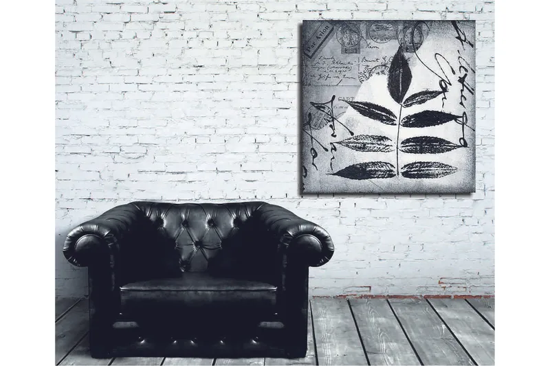Lærredstryk 45x45 cm - Sort silhuet af blade mod en grå baggrund med håndskrevet tekst og poststempler - Sort / Grå - Boligtilbehør - Billeder & kunst - Billeder på lærred