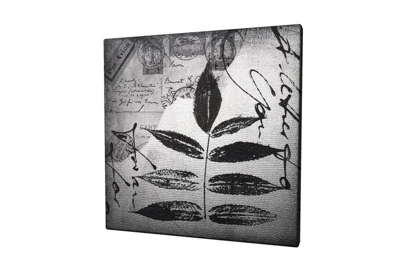 Lærredstryk 45x45 cm - Sort silhuet af blade mod en grå baggrund med håndskrevet tekst og poststempler, Sort / Grå