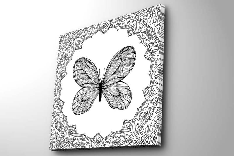 Lærredstryk 45x45 cm - Sort sommerfugl med detaljeret mønsterramme - Sort / Hvid - Boligtilbehør - Billeder & kunst - Billeder på lærred