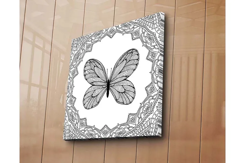 Lærredstryk 45x45 cm - Sort sommerfugl med detaljeret mønsterramme, Sort / Hvid