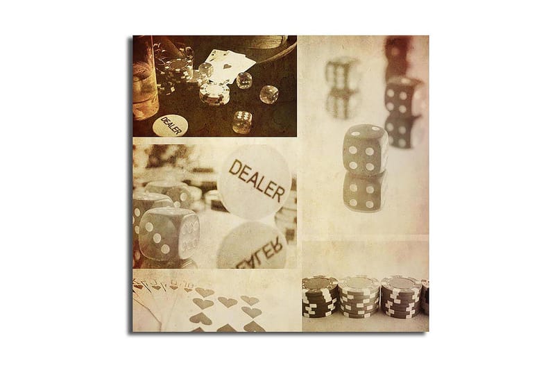 Lærredstryk 45x45 cm - Spilrelateret komposition med terninger og chips, Grå / Hvid / Beige