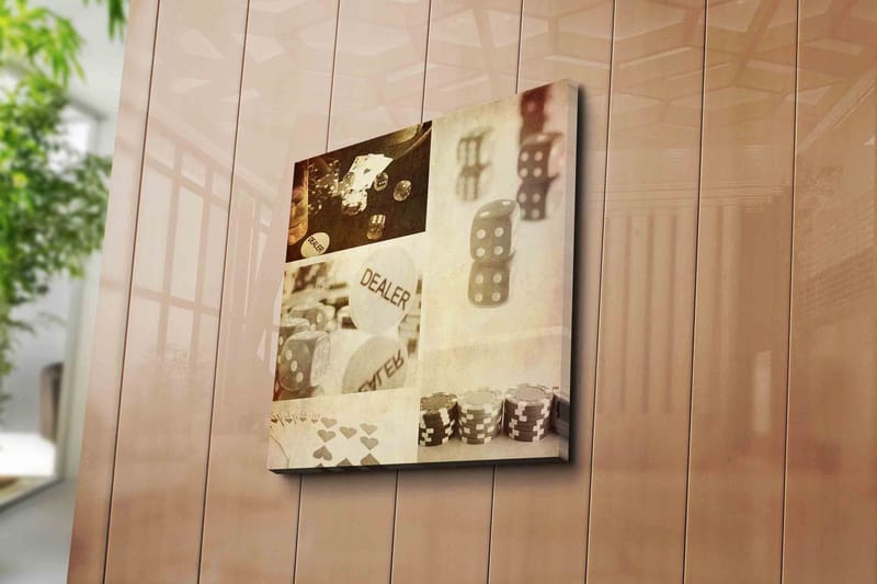 Lærredstryk 45x45 cm - Spilrelateret komposition med terninger og chips - Grå / Hvid / Beige - Boligtilbehør - Billeder & kunst - Billeder på lærred