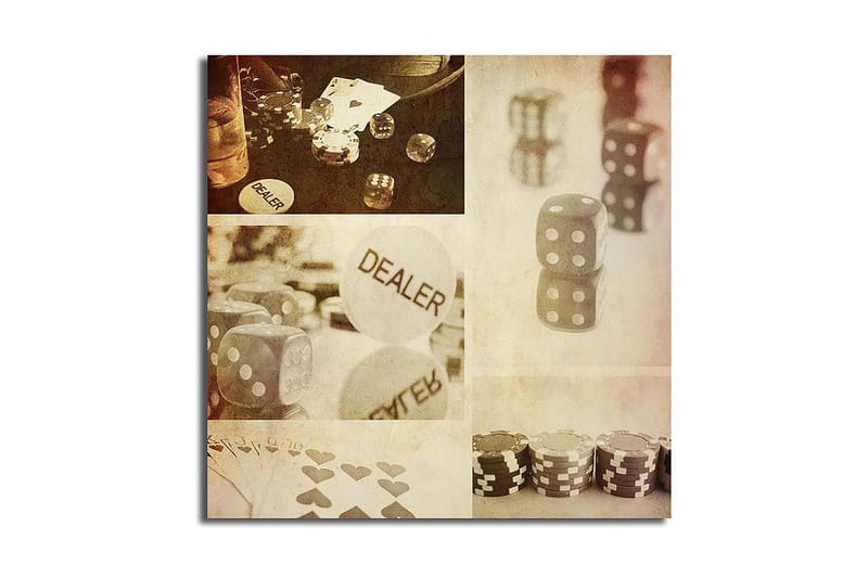 Lærredstryk 45x45 cm - Spilrelateret komposition med terninger og chips, Grå / Hvid / Beige