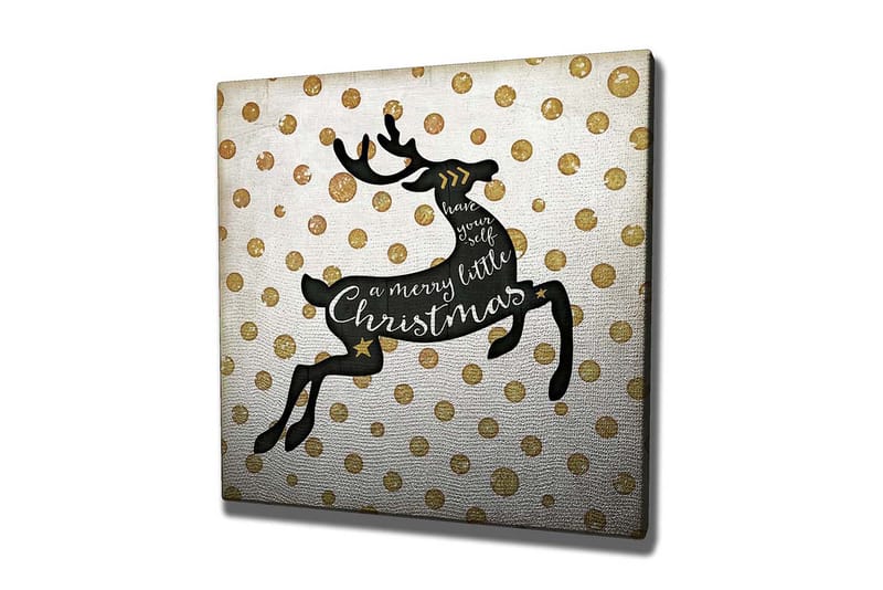 Lærredstryk 45x45 cm - Springende rensdyr med julehilsen, Sort / Guld / Hvid