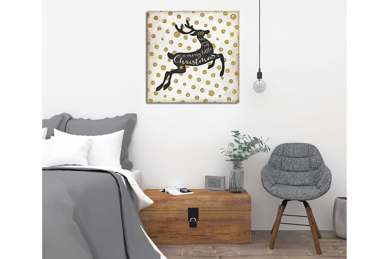 Lærredstryk 45x45 cm - Springende rensdyr med julehilsen - Sort / Guld / Hvid - Boligtilbehør - Billeder & kunst - Billeder på lærred