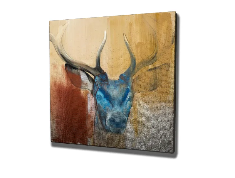 Lærredstryk 45x45 cm - Statslig hjort med blåt hoved og majestætiske horn - Blå / Brun / Beige - Boligtilbehør - Billeder & kunst - Billeder på lærred