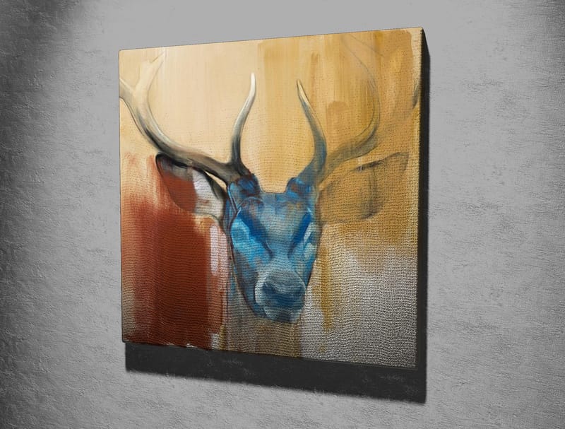 Lærredstryk 45x45 cm - Statslig hjort med blåt hoved og majestætiske horn - Blå / Brun / Beige - Boligtilbehør - Billeder & kunst - Billeder på lærred