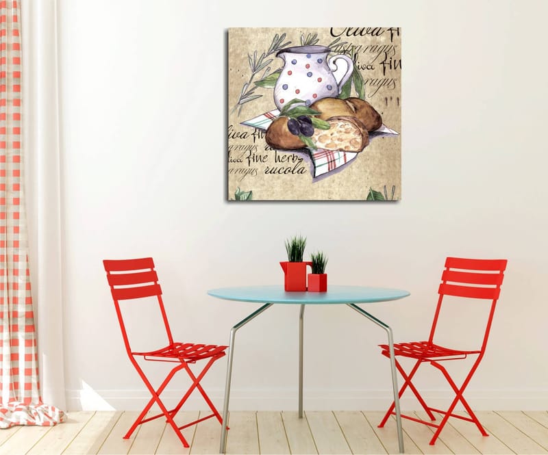 Lærredstryk 45x45 cm - Stilhed med en kande, brød og oliven på lærred - Beige / Grøn / Brun - Boligtilbehør - Billeder & kunst - Billeder på lærred