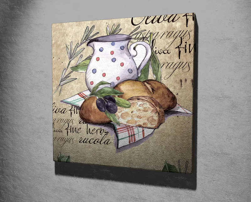 Lærredstryk 45x45 cm - Stilhed med en kande, brød og oliven på lærred - Beige / Grøn / Brun - Boligtilbehør - Billeder & kunst - Billeder på lærred