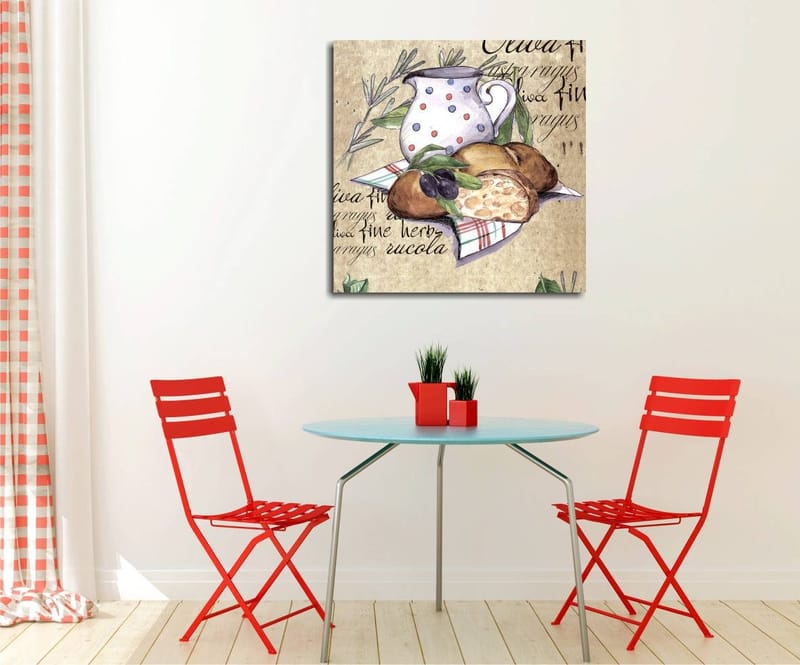 Lærredstryk 45x45 cm - Stilhed med en kande, brød og oliven på lærred, Beige / Grøn / Brun