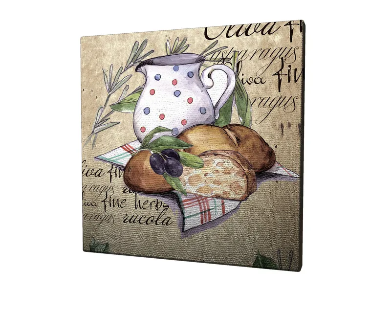 Lærredstryk 45x45 cm - Stilhed med en kande, brød og oliven på lærred - Beige / Grøn / Brun - Boligtilbehør - Billeder & kunst - Billeder på lærred