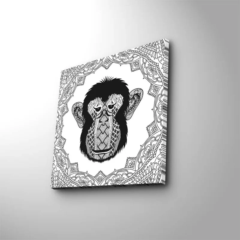 Lærredstryk 45x45 cm - Stiliseret abe med indviklede mønstre, Sort / Hvid