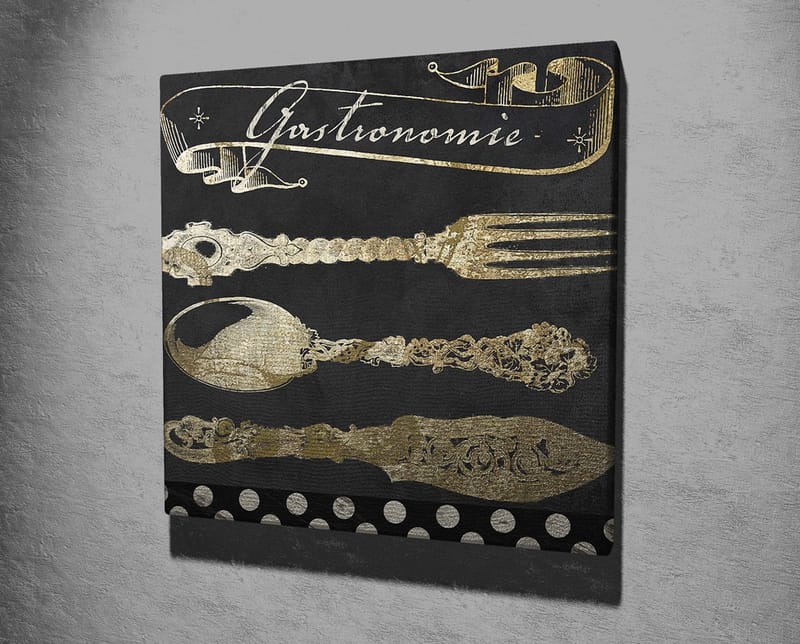 Lærredstryk 45x45 cm - Stiliseret køkkenudstyr i guld mod en mørk baggrund - Guld / Sort - Boligtilbehør - Billeder & kunst - Billeder på lærred