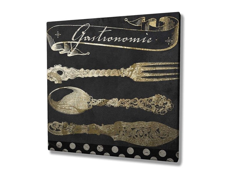 Lærredstryk 45x45 cm - Stiliseret køkkenudstyr i guld mod en mørk baggrund - Guld / Sort - Boligtilbehør - Billeder & kunst - Billeder på lærred