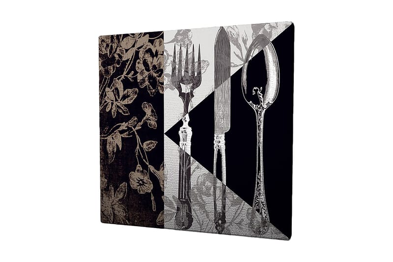 Lærredstryk 45x45 cm - Stiliseret komposition af bestik og blomster, Sort / Grå / Beige