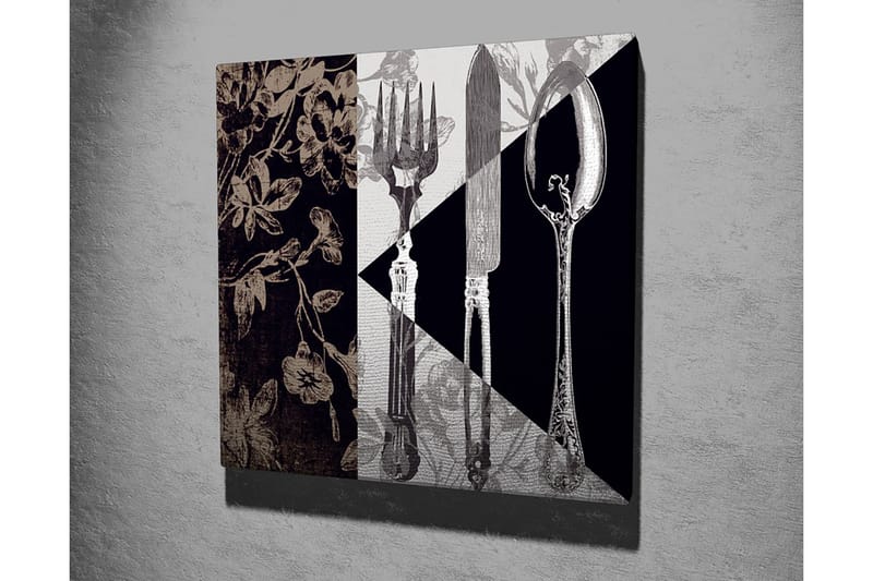 Lærredstryk 45x45 cm - Stiliseret komposition af bestik og blomster - Sort / Grå / Beige - Boligtilbehør - Billeder & kunst - Billeder på lærred