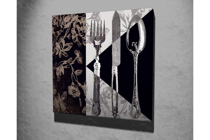 Lærredstryk 45x45 cm - Stiliseret komposition af bestik og blomster - Sort / Grå / Beige - Boligtilbehør - Billeder & kunst - Billeder på lærred