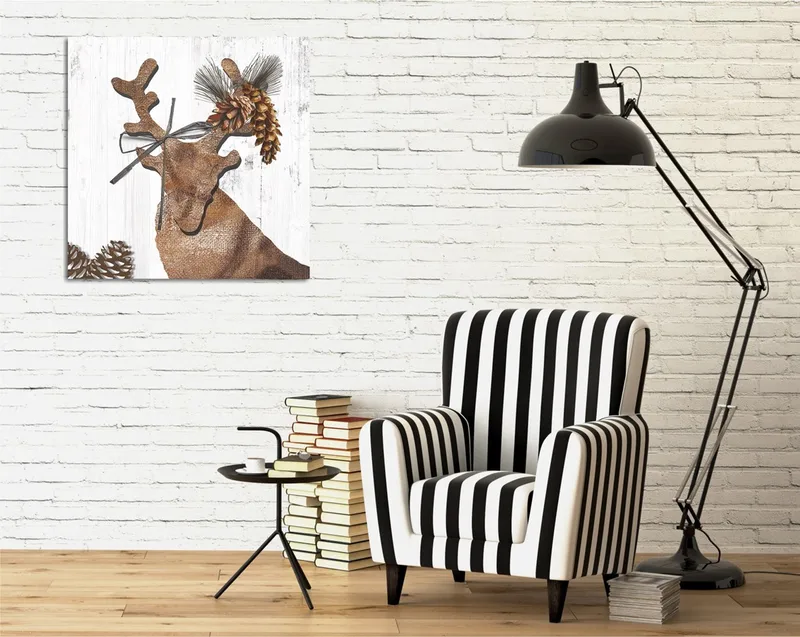 Lærredstryk 45x45 cm - Stiliseret rensdyr med kogler og grønt som dekoration, Brun / Beige / Grøn