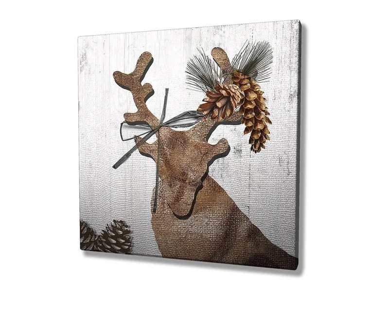 Lærredstryk 45x45 cm - Stiliseret rensdyr med kogler og grønt som dekoration - Brun / Beige / Grøn - Boligtilbehør - Billeder & kunst - Billeder på lærred