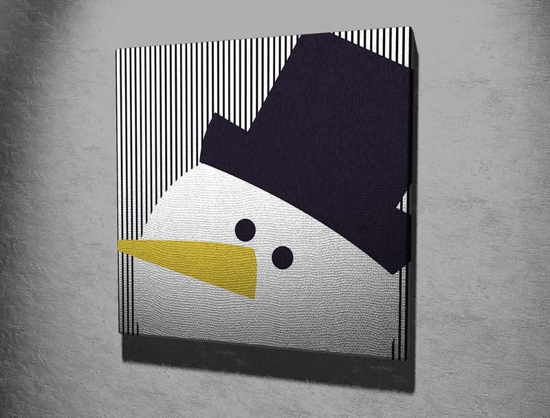 Lærredstryk 45x45 cm - Stiliseret snemand med hat og gult næb - Sort / Hvid / Gul - Boligtilbehør - Billeder & kunst - Billeder på lærred