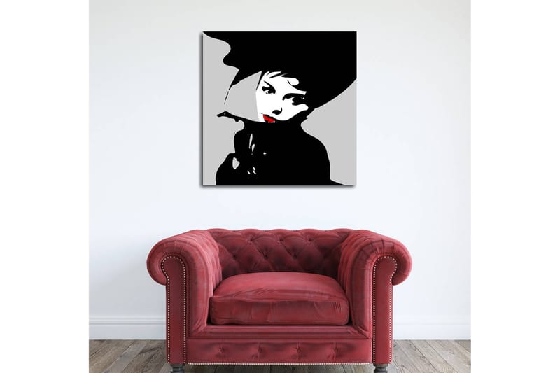 Lærredstryk 45x45 cm - Stiliseret portræt af en kvinde med hat og rød læbestift, Sort / Hvid / Grå