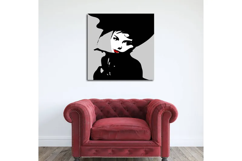 Lærredstryk 45x45 cm - Stiliseret portræt af en kvinde med hat og rød læbestift, Sort / Hvid / Grå