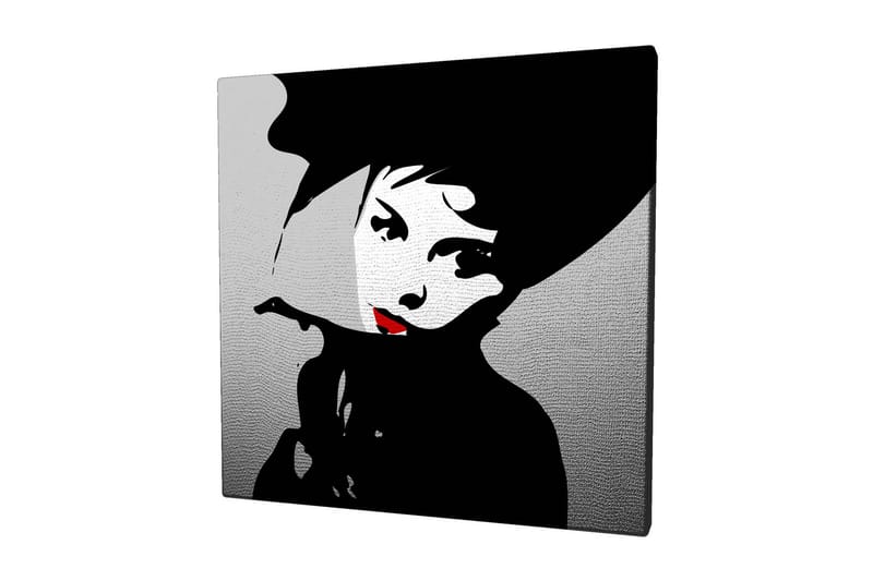 Lærredstryk 45x45 cm - Stiliseret portræt af en kvinde med hat og rød læbestift - Sort / Hvid / Grå - Boligtilbehør - Billeder & kunst - Billeder på lærred