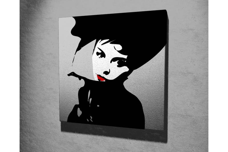 Lærredstryk 45x45 cm - Stiliseret portræt af en kvinde med hat og rød læbestift - Sort / Hvid / Grå - Boligtilbehør - Billeder & kunst - Billeder på lærred