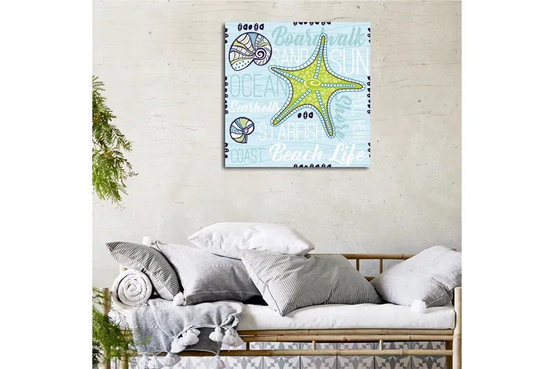 Lærredstryk 45x45 cm - Stjerne i havet med muslingeskaller og teksturerede baggrunde - Lyseblå / Grøn / Mørkeblå - Boligtilbehør - Billeder & kunst - Billeder på lærred