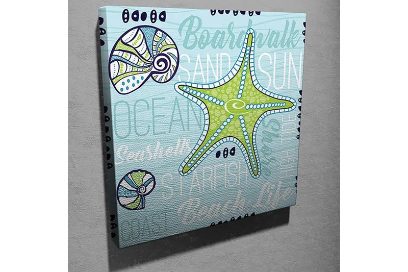 Lærredstryk 45x45 cm - Stjerne i havet med muslingeskaller og teksturerede baggrunde - Lyseblå / Grøn / Mørkeblå - Boligtilbehør - Billeder & kunst - Billeder på lærred