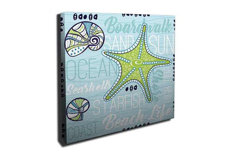 Lærredstryk 45x45 cm - Stjerne i havet med muslingeskaller og teksturerede baggrunde - Lyseblå / Grøn / Mørkeblå - Boligtilbehør - Billeder & kunst - Billeder på lærred