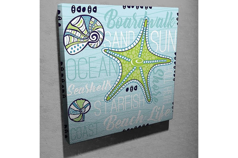 Lærredstryk 45x45 cm - Stjerne i havet med muslingeskaller og teksturerede baggrunde - Lyseblå / Grøn / Mørkeblå - Boligtilbehør - Billeder & kunst - Billeder på lærred