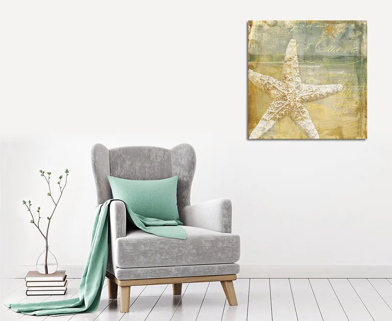 Lærredstryk 45x45 cm - Stjerne i sand med vintage-inspireret baggrund, Guld / Beige / Lyseblå